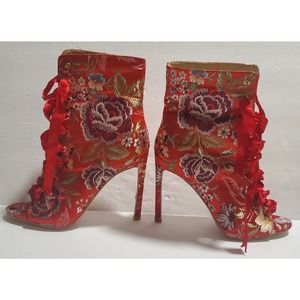 Glamour Chic Floral Lace Up Open Toe High Heel Ankle Boots Size 9, Heel 4.5